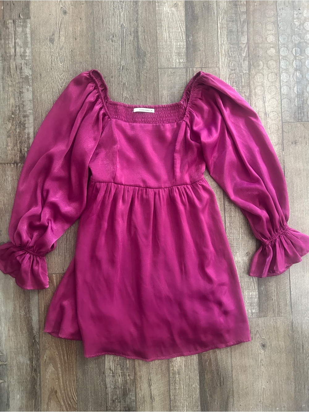 Magenta Puff-Sleeve Square-Neck Tunic Dress